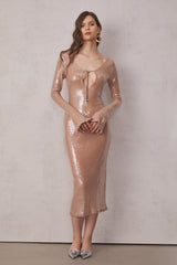Aoibhe Long Sleeve Sequin Backless Midi Dress In Apricot