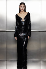 Aoibhe Pailletten-Langarm-Maxikleid in Schwarz