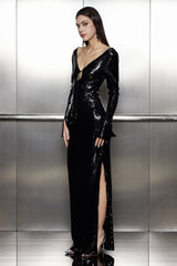 Aoibhe Pailletten-Langarm-Maxikleid in Schwarz