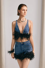 Arabella Jeansrock mit Federbesatz