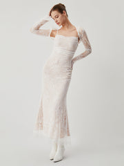 Halbtransparentes Maxikleid mit Jacquard-Spitze und Blumenmuster