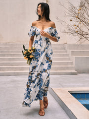 Langes Kleid mit Blumendruck und Puffärmeln