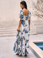 Langes Kleid mit Blumendruck und Puffärmeln
