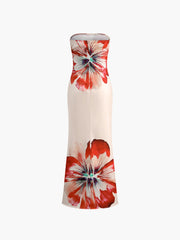 Langes, schulterfreies Tube-Kleid mit Blumendruck