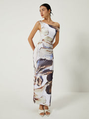 Asymmetrisches, bedrucktes, schulterfreies, schmales, langes Kleid