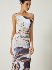 Asymmetrisches, bedrucktes, schulterfreies, schmales, langes Kleid