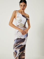 Asymmetrisches, bedrucktes, schulterfreies, schmales, langes Kleid