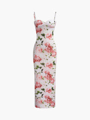 Schmal geschnittenes, langes Kleid mit Blumenmuster und Herzausschnitt
