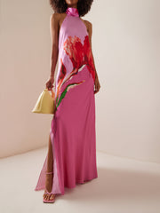 Rückenfreies Neckholder-Kleid aus Satin mit Blumenmuster