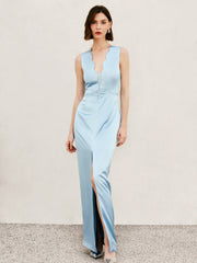 Langes Tank-Kleid mit geschlitztem Saum und gekräuseltem Saum