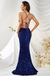 Plunging Neck Split Blue Sequin Party Dress