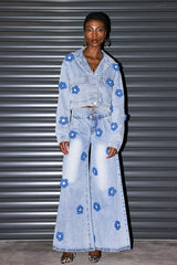 Cachet Jeansjacke mit Blumen-Revers und Tasche