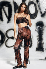 Carrington – Braunes Hosenset mit Batikmuster und Fransen