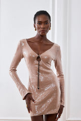 Aoibhe – Langärmliges Minikleid mit Pailletten in Aprikose