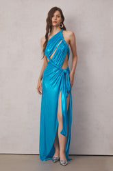 Elise – Blaues Maxikleid mit Schlitz in Metallic-Optik