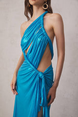 Elise – Blaues Maxikleid mit Schlitz in Metallic-Optik