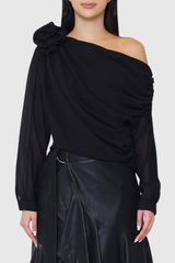 Ensley Flower – Schwarzes Netzoberteil mit einfacher Schulterpartie