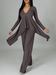 Ribbed Asymmetric Top & Pants Set--Clearance