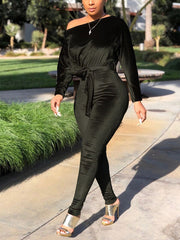 indiebeautie Velvet Boat-Neck Tied Jumpsuit