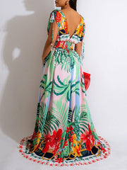 Indiebeautie Printed V-Neck Slit Dress