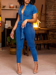 Indiebeautie Zip-Front Tied Denim Jumpsuit