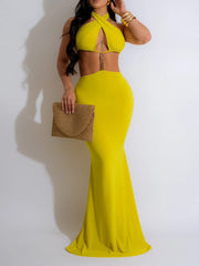 Einfarbiges Neckholder-Maxikleid