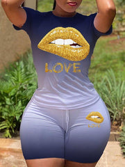 Set aus T-Shirt und Bikershorts mit Lippenprint – Ausverkauf