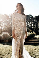 Langärmliges, bodenlanges, sexy, rückenfreies Maxikleid aus weißer Spitze