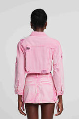 Johanna – Jeansjacke mit zerrissenem Blumenmuster in Rosa