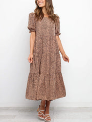 Kleid mit Leopardenmuster, Schlitz, V-Ausschnitt und langen Ärmeln