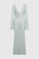 Lana – Blaues Maxikleid mit tiefem Ausschnitt und gestricktem Hohlsaum