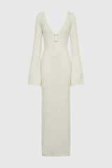 Lana – Weißes Maxikleid mit tiefem Ausschnitt und Strick