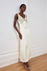 Ledini – Weißes Maxikleid mit V-Ausschnitt und Kristallen