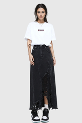 Melany – Maxi-Jeansrock mit hohem Schlitz und Fransen