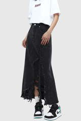 Melany – Maxi-Jeansrock mit hohem Schlitz und Fransen