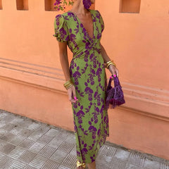 Contrast Color Print Elegant Slim Fit V-Neck Short Sleeve Dress