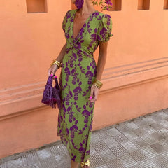 Contrast Color Print Elegant Slim Fit V-Neck Short Sleeve Dress