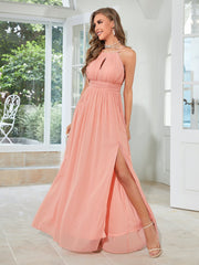 Lila Chiffon Neckholder-Maxikleid mit Schlitz