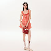 Ruffle Neck Jacquard Plaid Short Dress