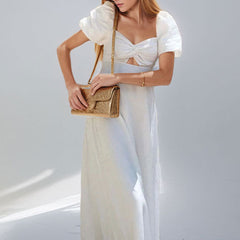 Hollow Puff Sleeve Solid Color Wide Waist Dress