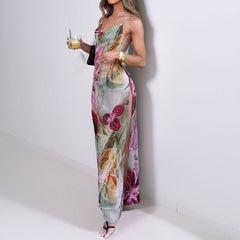 Halter-neck dress with French slit waist and tie back