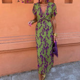 Contrast Color Print Elegant Slim Fit V-Neck Short Sleeve Dress