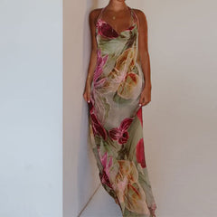 Halter-neck dress with French slit waist and tie back