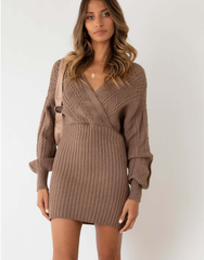 New Twist Knitted Sweater Dress Women Solid V-neck Long OL Female Casual Dress