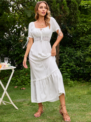 White Dot Elegant Dress Women Summer Square Collar Tie Up Short Sleeve Dress