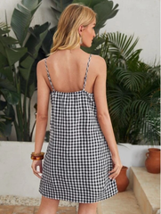 Mode schwarz und weiß plaid hosenträger V-ausschnitt kleid weibliche