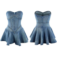 Trägerloses, plissiertes Minikleid aus Denim