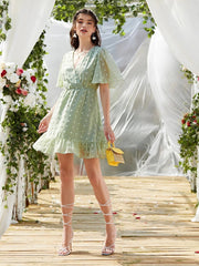 New Fashion Casual Sexy Solid Style Dress High Waist Short Sleeve V Neck Female Dress