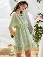 New Fashion Casual Sexy Solid Style Dress High Waist Short Sleeve V Neck Female Dress