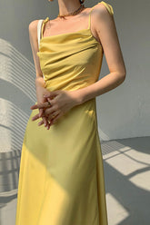 Yellow Satin Ruched Cami Dress